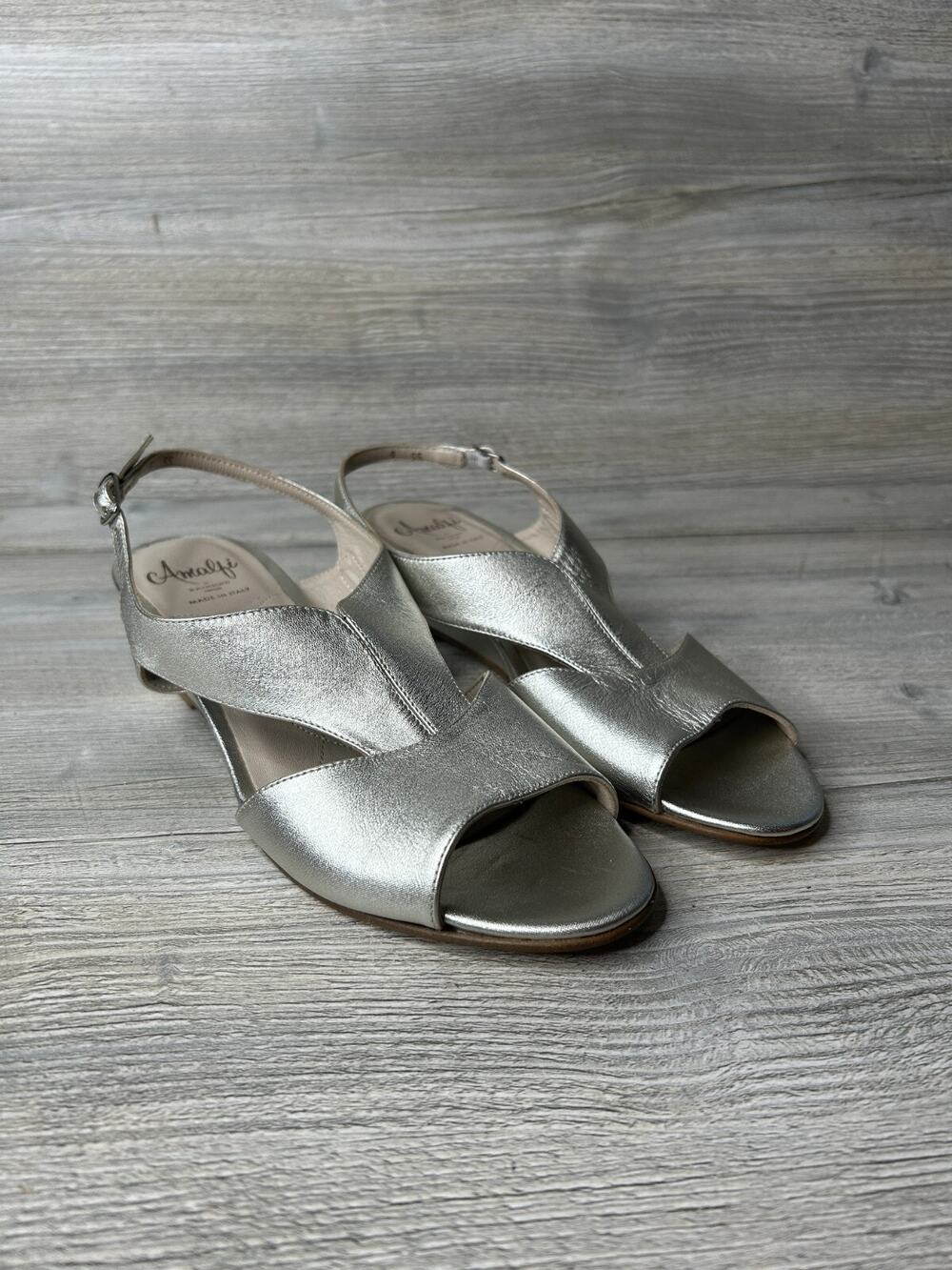 Amalfi by Rangoni Silver Leather Open Toe Wedge Heels Women's Size 9